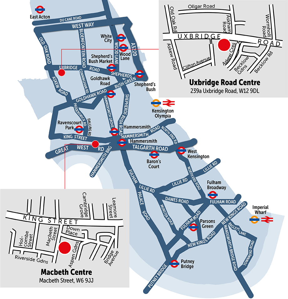 Larger map with inset maps of Uxbridge Rd and Macbeth venues