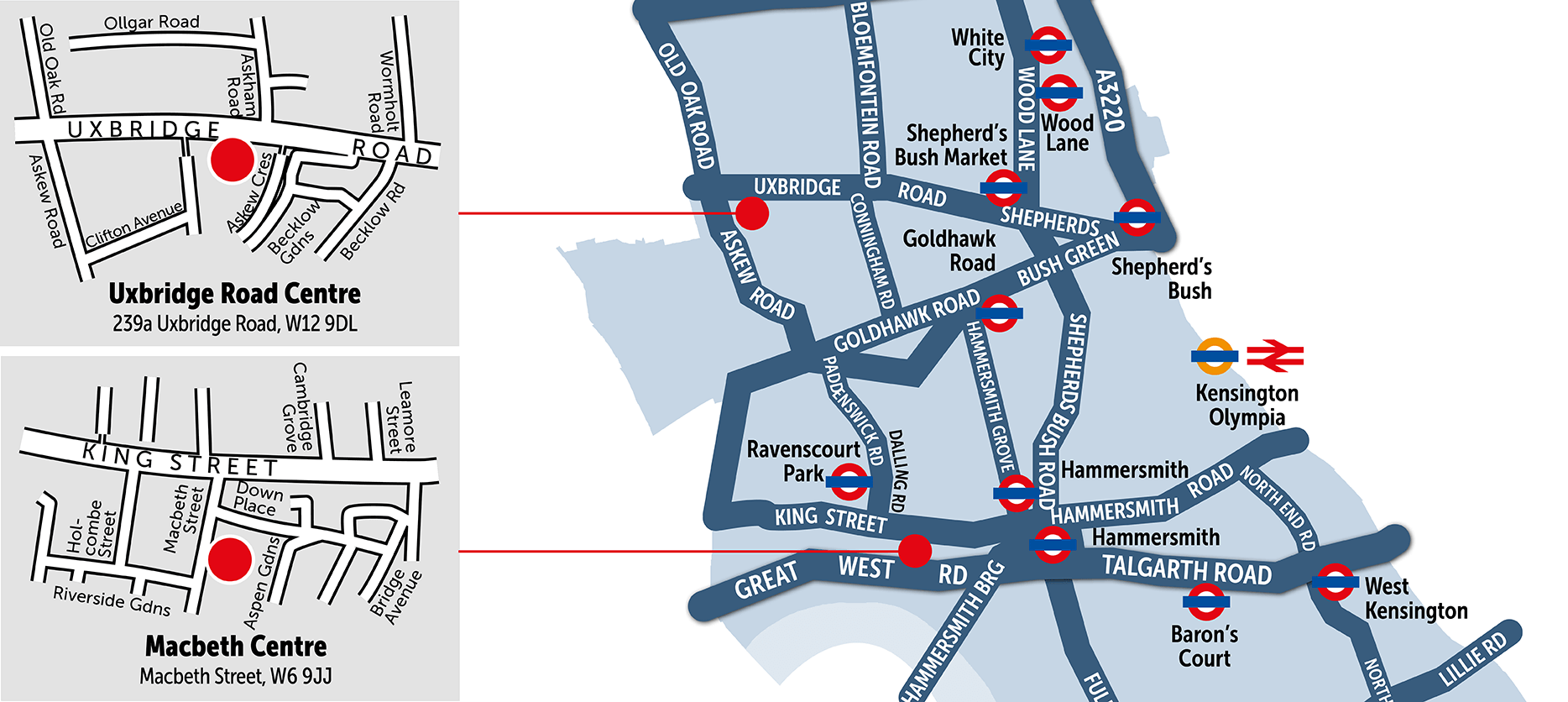 Larger map with inset maps of Uxbridge Rd and Macbeth venues