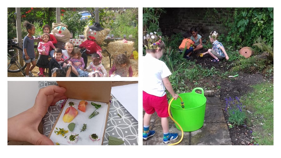 Collage of children doing outdoor and nature activities