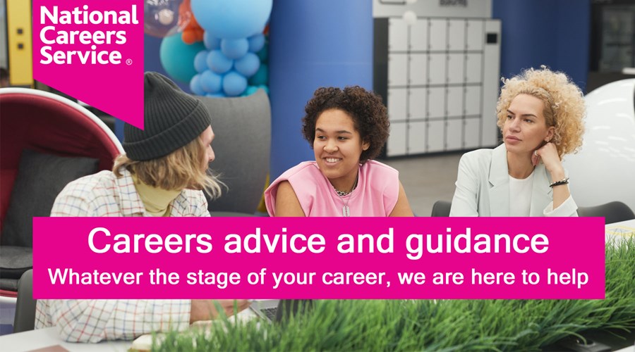 National Careers Service image with 1 man and two women talking