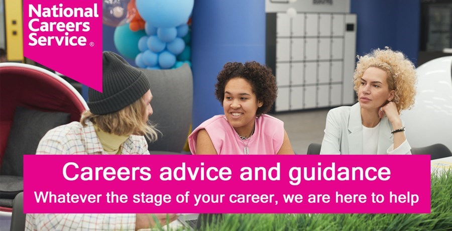 National Careers Service image with 1 man and 2 women talking