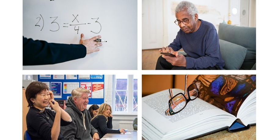 collage of 4 images; maths equation on a whiteboard, man on his mobile, women talking and reading glasses on a book