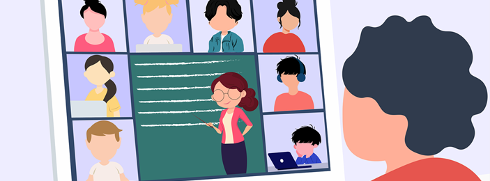 vector graphic of a woman looking at a computer screen with many faces